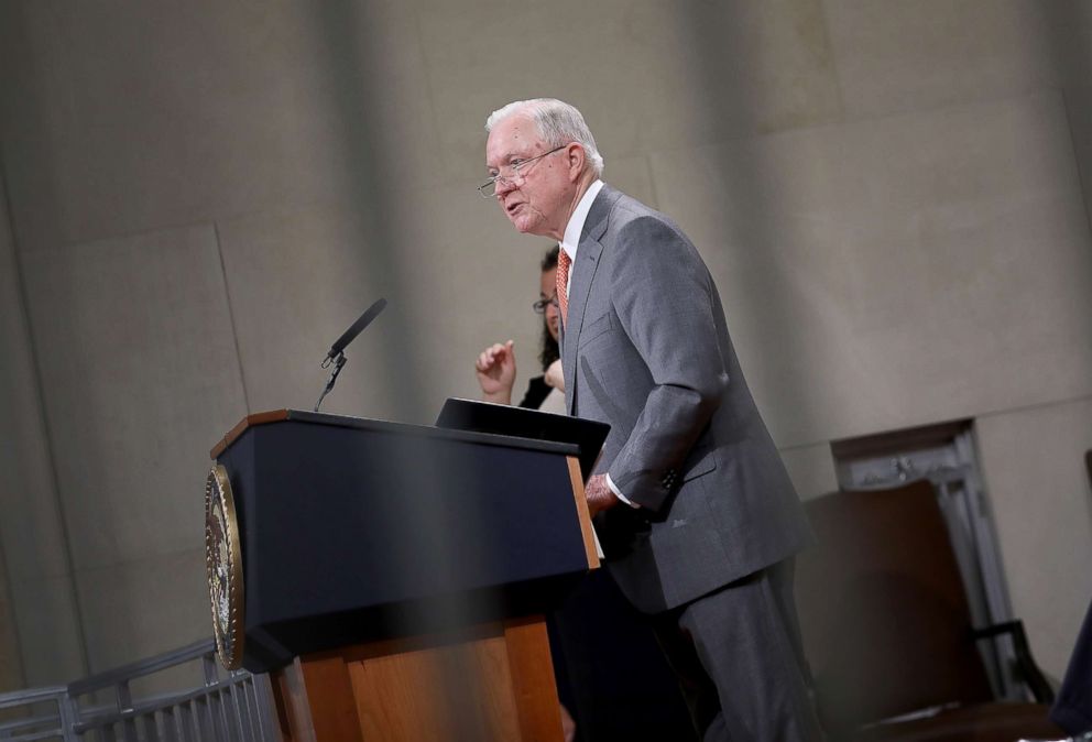 PHOTO: U.S. Attorney General Jeff Sessions speaks at the Religious Liberty Summit at the Department of Justice, July 30, 2018, in Washington, DC.