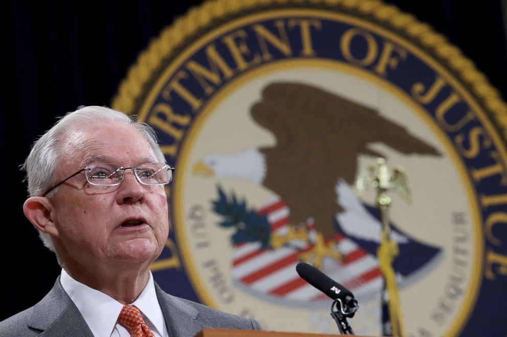 PHOTO: U.S. Attorney General Jeff Sessions speaks at the Religious Liberty Summit at the Department of Justice, July 30, 2018, in Washington, DC.