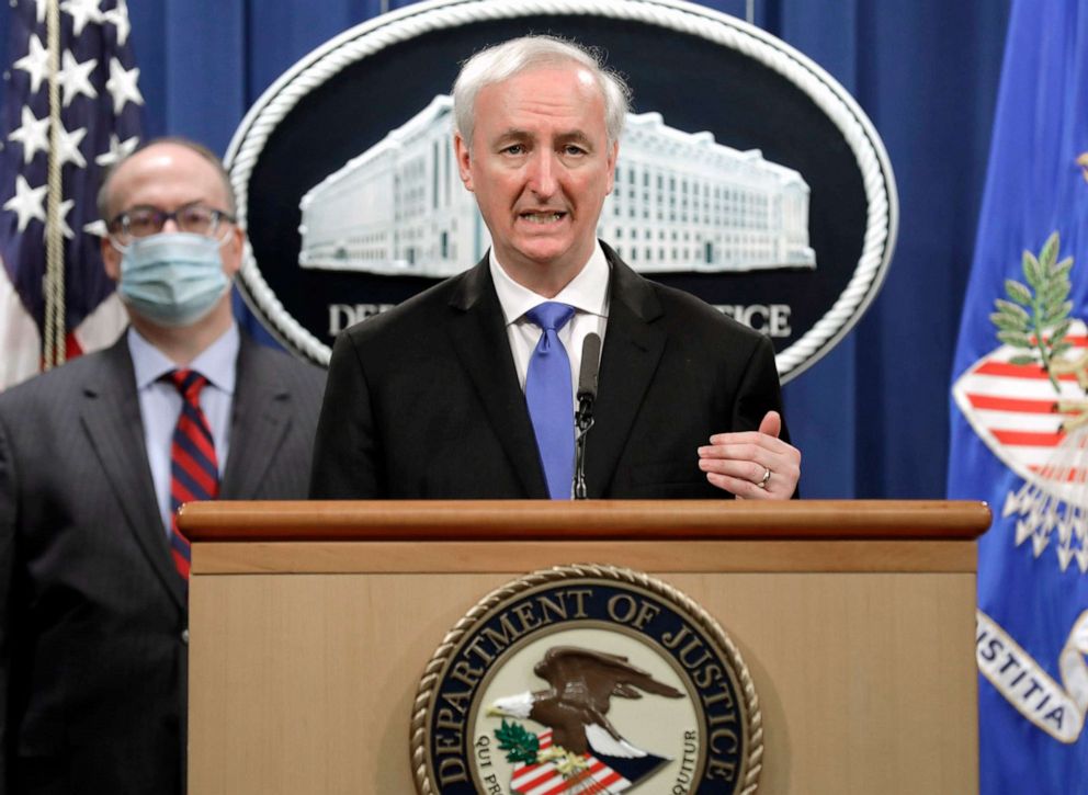 PHOTO: Deputy Attorney General Jeffrey Rosen holds a news conference to announce the results of the global resolution of criminal and civil investigations with an opioid manufacturer at the Justice Department on Oct. 21, 2020 in Washington, D.C.