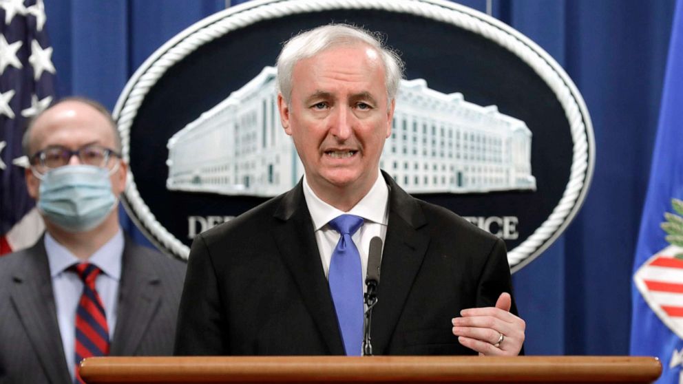 PHOTO: Deputy Attorney General Jeffrey Rosen holds a news conference at the Justice Department on Oct. 21, 2020, in Washington, D.C.