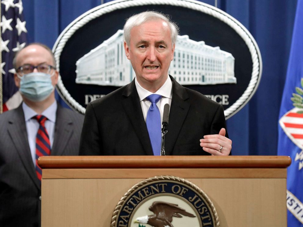 PHOTO: Deputy Attorney General Jeffrey Rosen holds a news conference at the Justice Department on Oct. 21, 2020, in Washington, D.C.