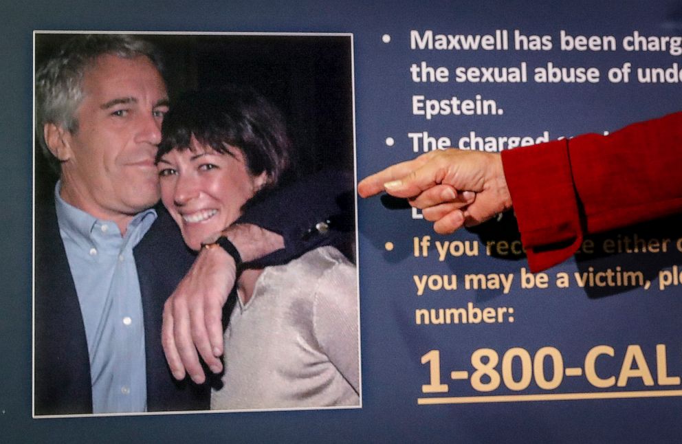 PHOTO: In this July 2, 2020, file photo, Audrey Strauss, acting U.S. attorney for the Southern District of New York, points to a photo of Jeffrey Epstein and Ghislaine Maxwell during a news conference in New York.