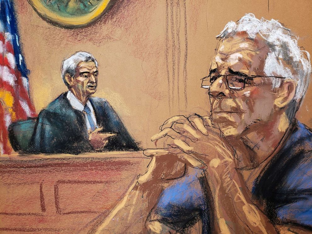 PHOTO: Financier Jeffrey Epstein looks on near Judge Richard Berman during a status hearing in his sex trafficking case, in this court sketch in New York, July 31, 2019.
