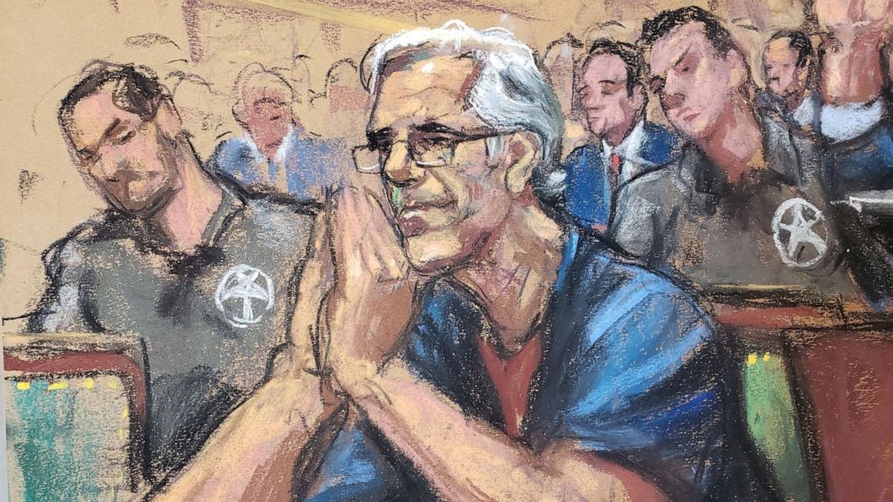 PHOTO: Jeffrey Epstein looks on during a bail hearing in his sex trafficking case, in this court sketch in New York, July 15, 2019.