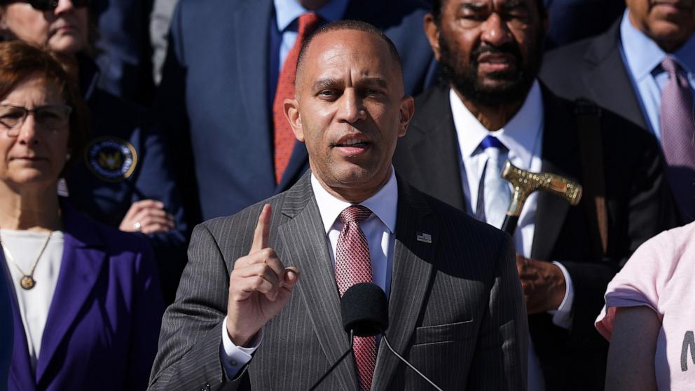 PHOTO: House Minority Leader Hakeem Jeffries gives remarks at a news conference on the government shutdown outside the U.S. Capitol, October 15, 2025 in Washington.