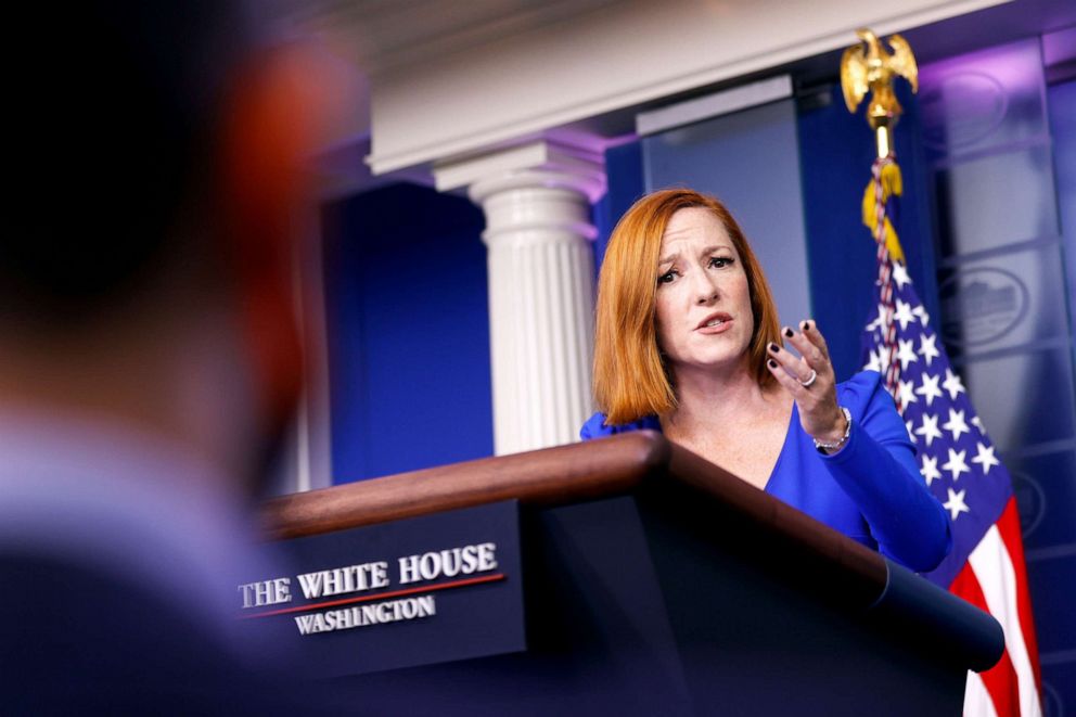 PHOTO: White House Press Secretary Jen Psaki holds the daily press briefing at the White House in Washington, Oct. 27, 2021.