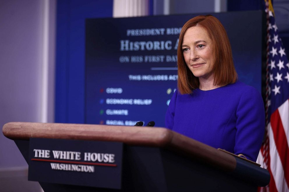 PHOTO: White House Press Secretary Jen Psaki conducts her first news conference of the Biden Administration in the Brady Press Briefing Room at the White House, Jan. 20, 2021, in Washington, D.C.
