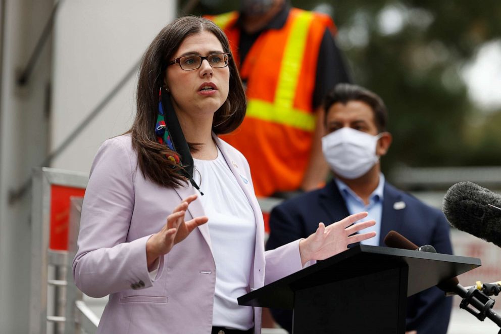 PHOTO: In this June 30, 2020, file photo, Colorado Secretary of State Jena Griswold makes a point during a news conference at a mobile voting location in Denver.