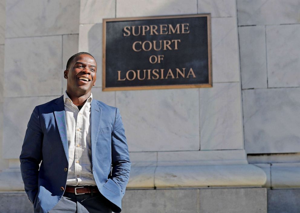 PHOTO: Theo Shaw stands outside of the Louisiana State Supreme Court, where he works as a clerk, in New Orleans, Nov. 2, 2018.  He was one of 6 Black students arrested in Jena, La., for beating of a white high school student.