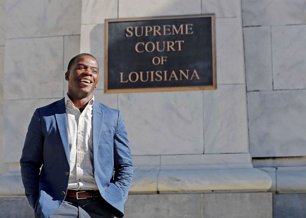 PHOTO: Theo Shaw stands outside of the Louisiana State Supreme Court, where he works as a clerk, in New Orleans, Nov. 2, 2018. He was one of 6 Black students arrested in Jena, La., for beating of a white high school student.