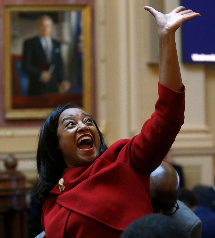 PHOTO: Del. Jennifer Carroll Foy waves to Equal Rights Amendment supporters in the House of Delegates gallery after the ERA resolution she sponsored passed, Jan. 15, 2020, at the state Capitol in Richmond, Va.