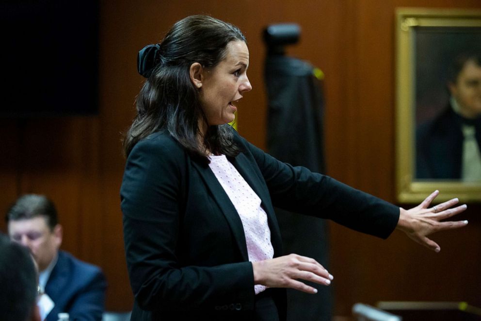 PHOTO: Defense attorney Jennifer Frese gives an opening statement while presenting Cristhian Bahena Rivera's case, May 25, 2021, in the Scott County Courthouse in Davenport, Iowa.