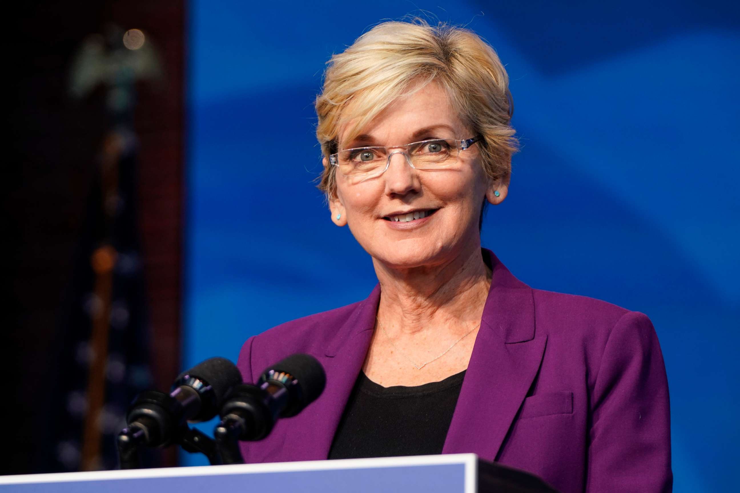 PHOTO: Nominee for Secretary of Energy, Jennifer Granholm, speaks at the Queen theater on Dec. 19, 2020, in Wilmington, Del.