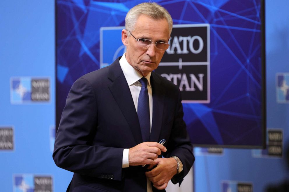 PHOTO: NATO Secretary-General Jens Stoltenberg leaves after a press conference at the NATO headquarters in Brussels, Belgium, Oct. 11, 2022.