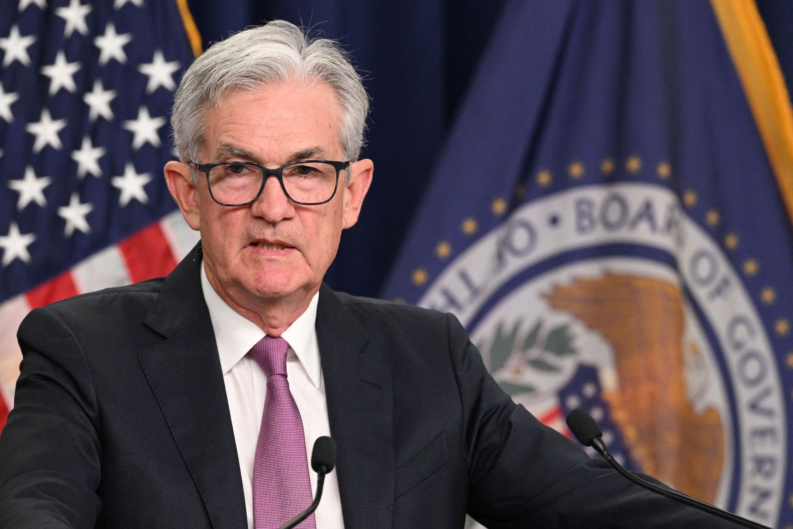 PHOTO: In this file photo taken on July 27, 2022 Federal Reserve Board Chairman Jerome Powell speaks during a news conference in Washington, D.C.