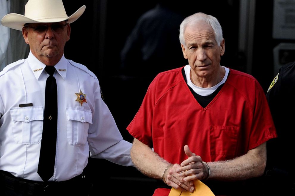 PHOTO: Former Penn State assistant football coach Jerry Sandusky leaves the Centre County Courthouse after being sentenced in his child sex abuse case, Oct. 9, 2012, in Bellefonte, Pennsylvania.