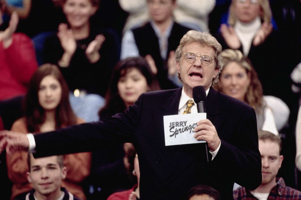 Photo: Talk show host Jerry Springer addresses guests and the audience on the set of The Jerry Springer Show.