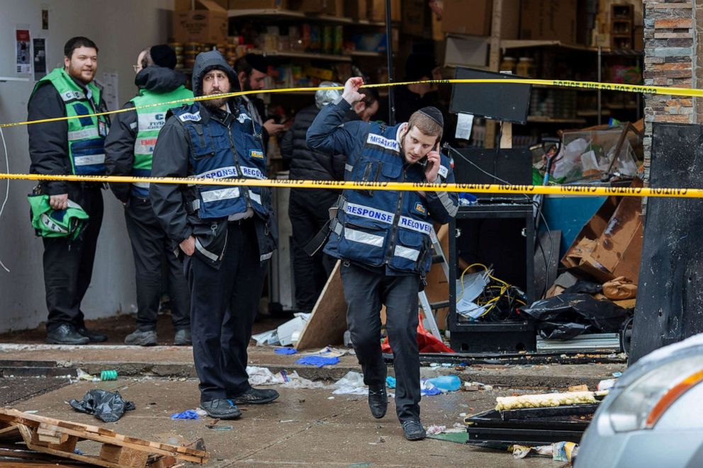 PHOTO: Responders work to clean up the scene of a shooting that left multiple dead at a kosher market on Dec. 11, 2019, in Jersey City, N.J. 
