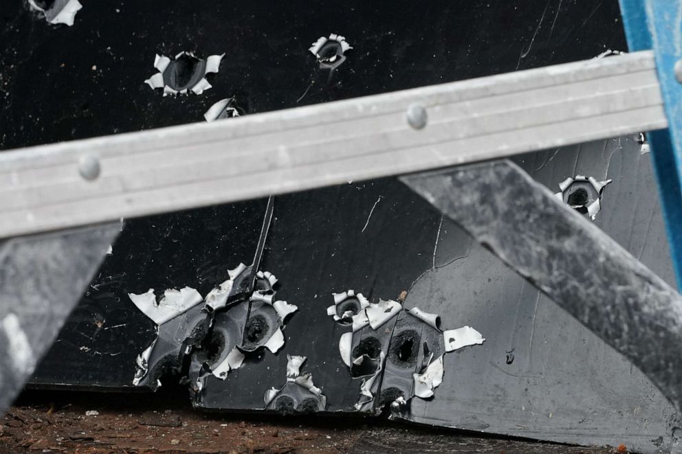 PHOTO: Bullet scarred metal is seen on December 11, 2019 in Jersey City, New Jersey, following the Dec. 10, 2019 shooting at a Jewish Deli. 