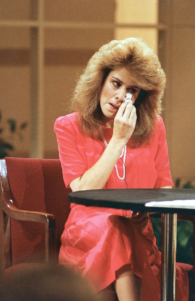 PHOTO: Ex-PTL church secretary Jessica Hahn wipes away a tear as she answers questions on the "Donahue" show in New York on June 24, 1987.