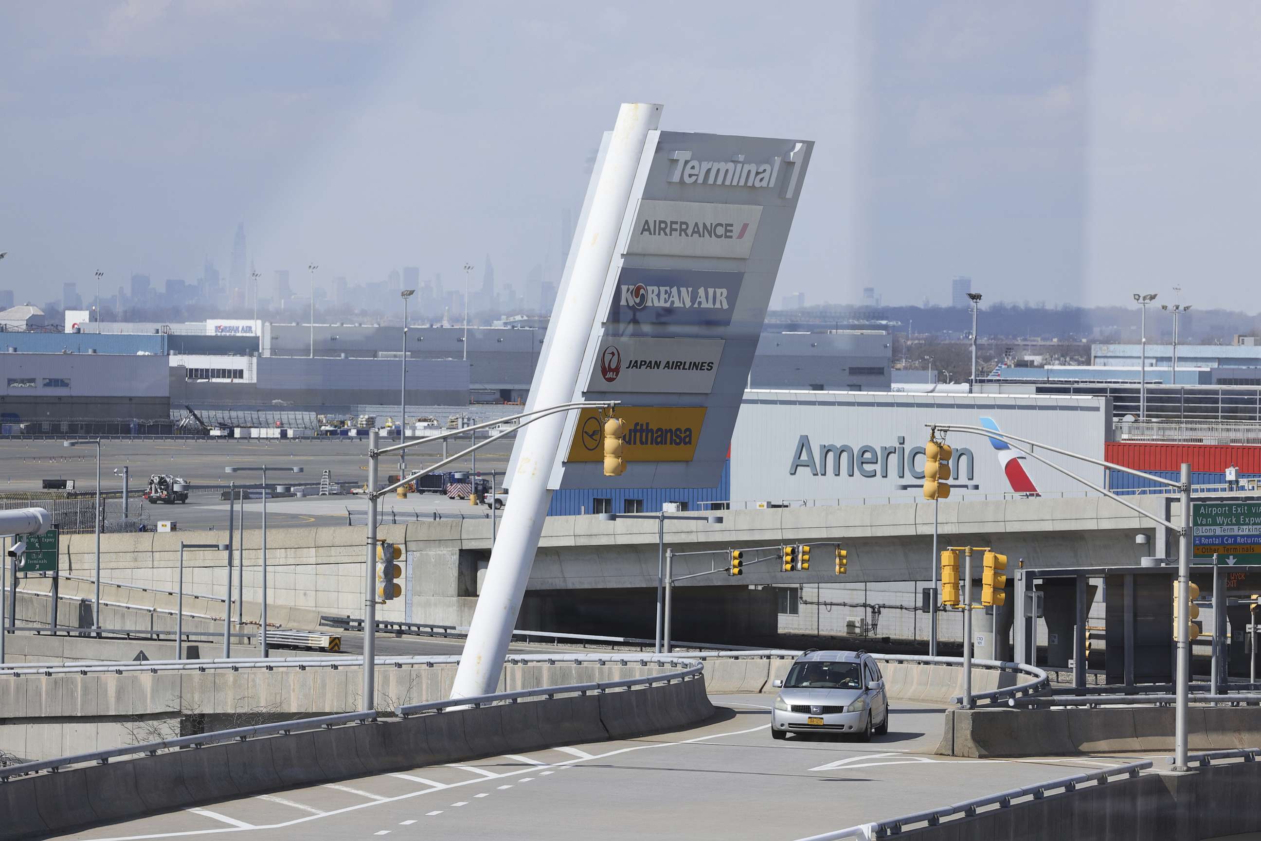 PHOTO: In this March 26, 2021 file photo airline signage outside Terminal 1 at John F. Kennedy International Airport (JFK) in New York.