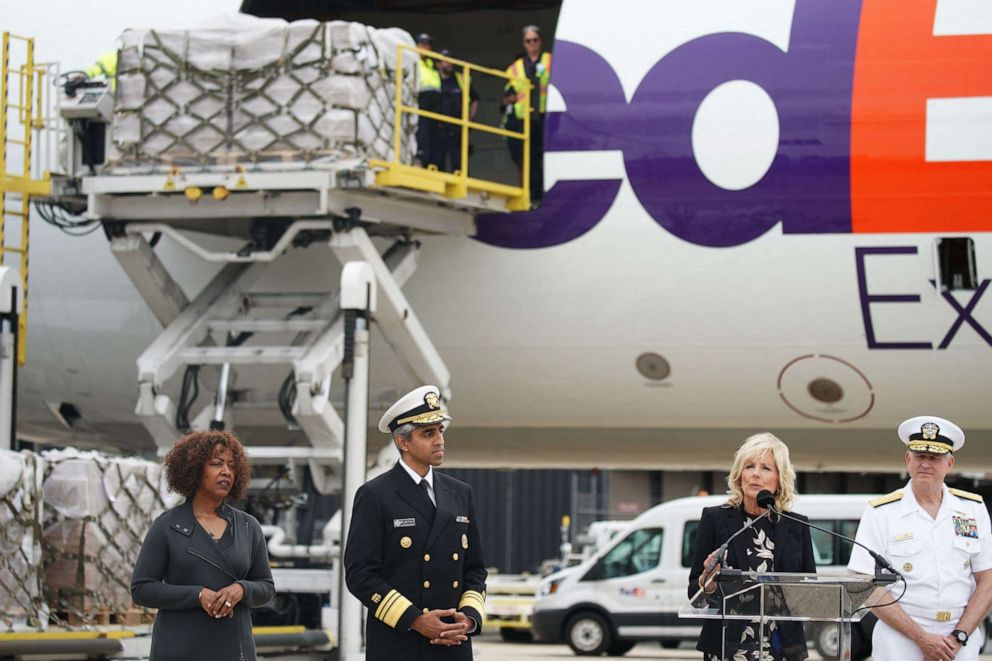 PHOTO: First Lady Jill Biden, joined by Surgeon General Vivek Murthy, delivers remarks after a shipment of infant formula, sent in through Operation Fly Formula, arrived at Dulles International Airport in Dulles, Va., May 25, 2022. 