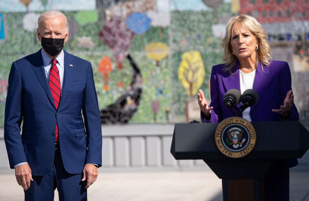 PHOTO: First Lady Jill Biden speaks alongside President Joe Biden about coronavirus protections in schools during a visit to Brookland Middle School in Washington, D.C., Sept. 10, 2021.