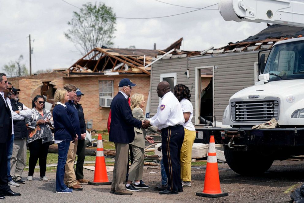 PHOTO: President Joe Biden and first lady Jill Biden speak with those impacted by last week's deadly tornado and severe storm in Rolling Fork, Miss., March 31, 2023.