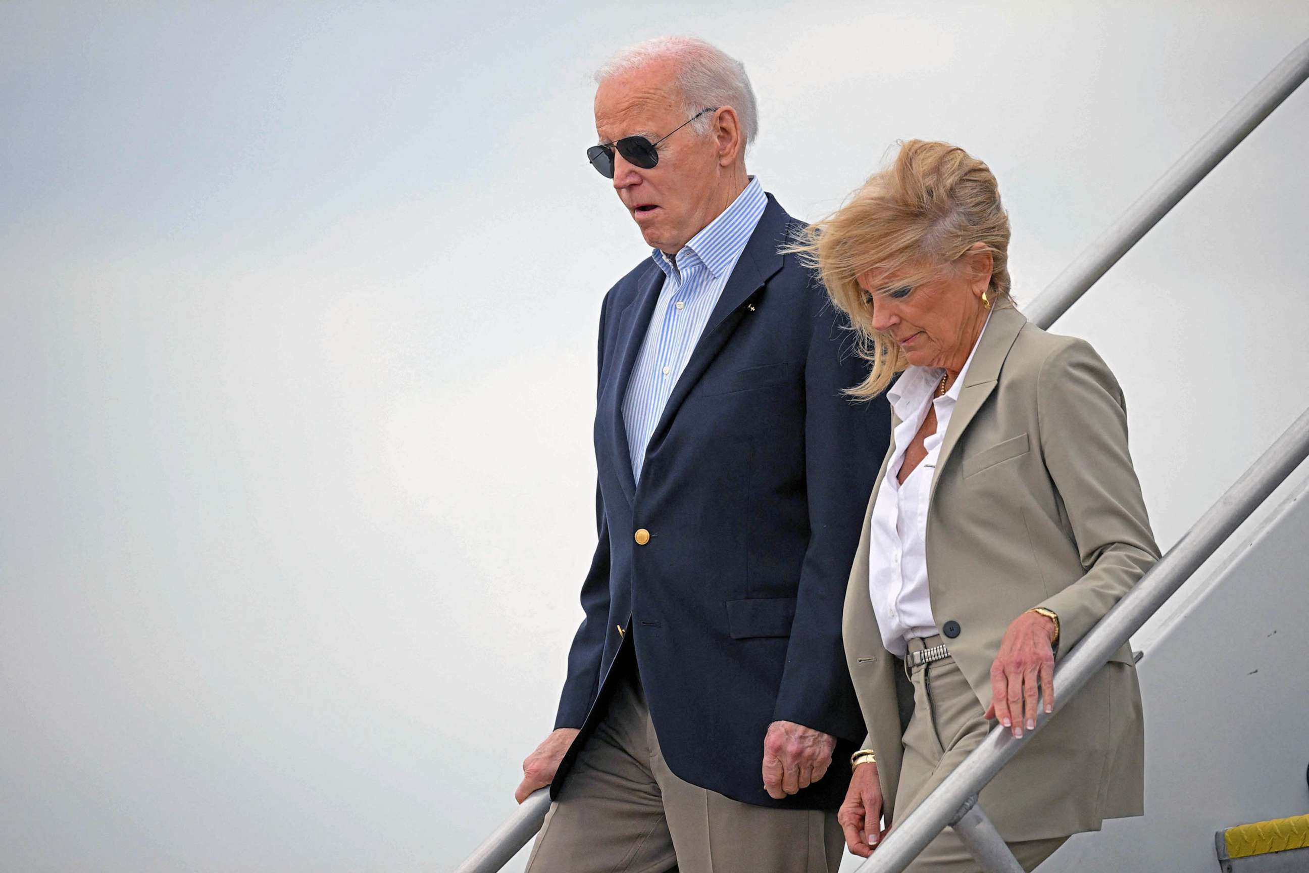 PHOTO: US President Joe Biden and First Lady Jill Biden step off Air Force One upon arrival at Jackson-Medgar Wiley Evers International Airport in Jackson, Miss., March 31, 2023.
