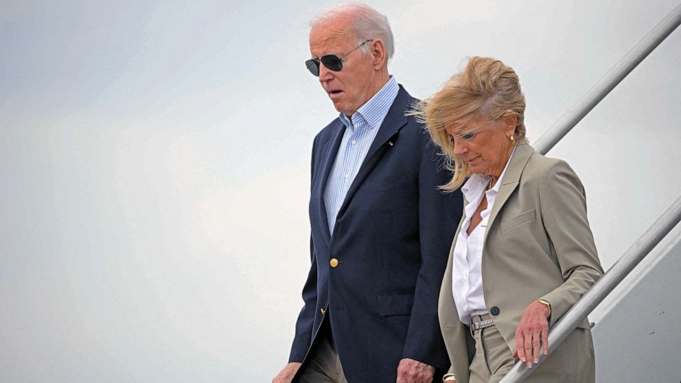 PHOTO: US President Joe Biden and First Lady Jill Biden step off Air Force One upon arrival at Jackson-Medgar Wiley Evers International Airport in Jackson, Miss., March 31, 2023.