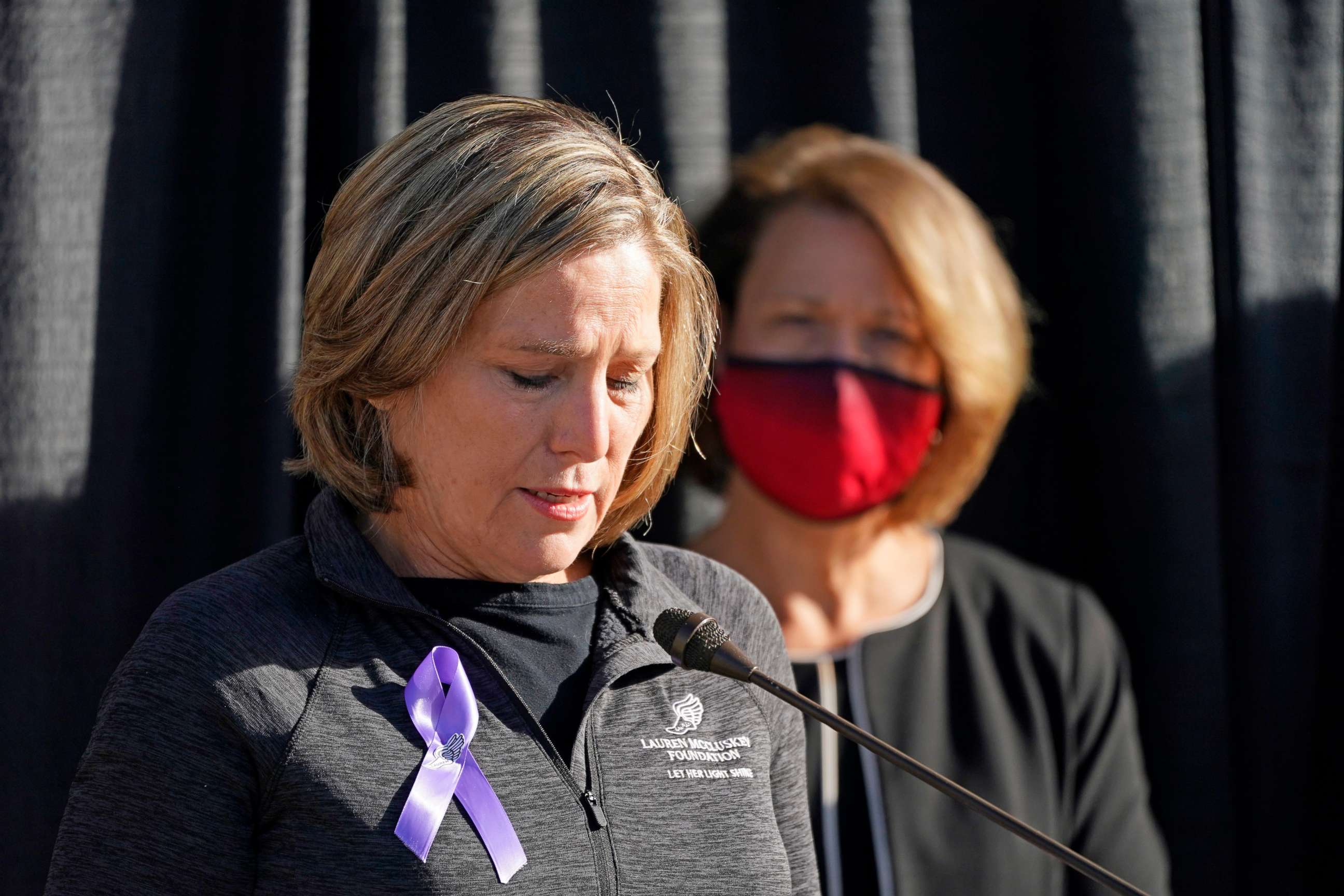 PHOTO: Jill McCluskey, the mother of slain University of Utah student-athlete Lauren McCluskey, speaks during a press conference announcing they have reached a settlement in their lawsuit against the university Thursday, Oct. 22, 2020, in Salt Lake City.