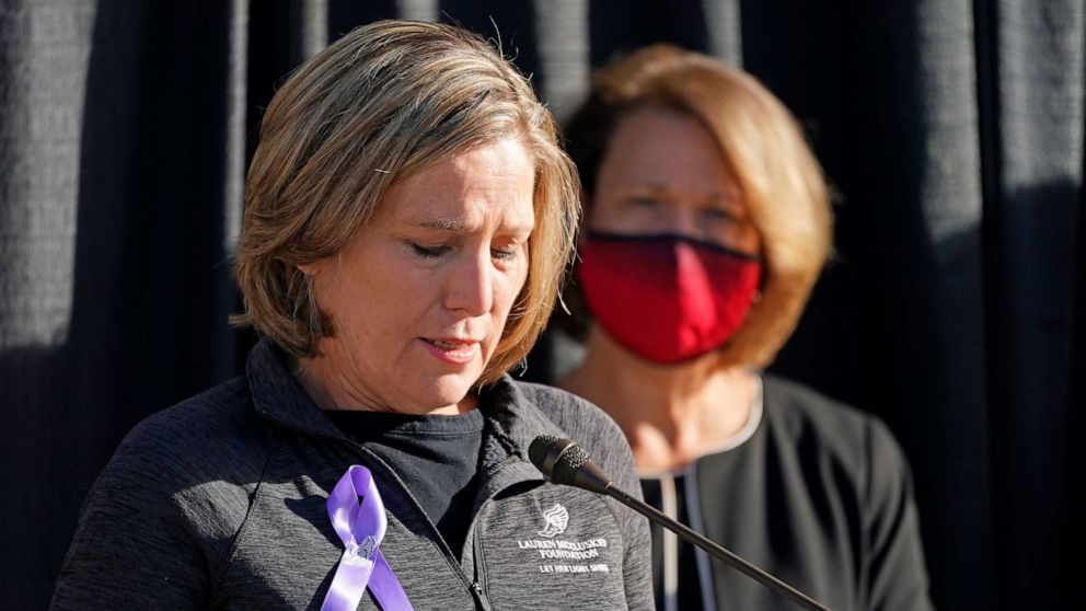 PHOTO: Jill McCluskey, the mother of slain University of Utah student-athlete Lauren McCluskey, speaks during a press conference announcing they have reached a settlement in their lawsuit against the university Thursday, Oct. 22, 2020, in Salt Lake City.