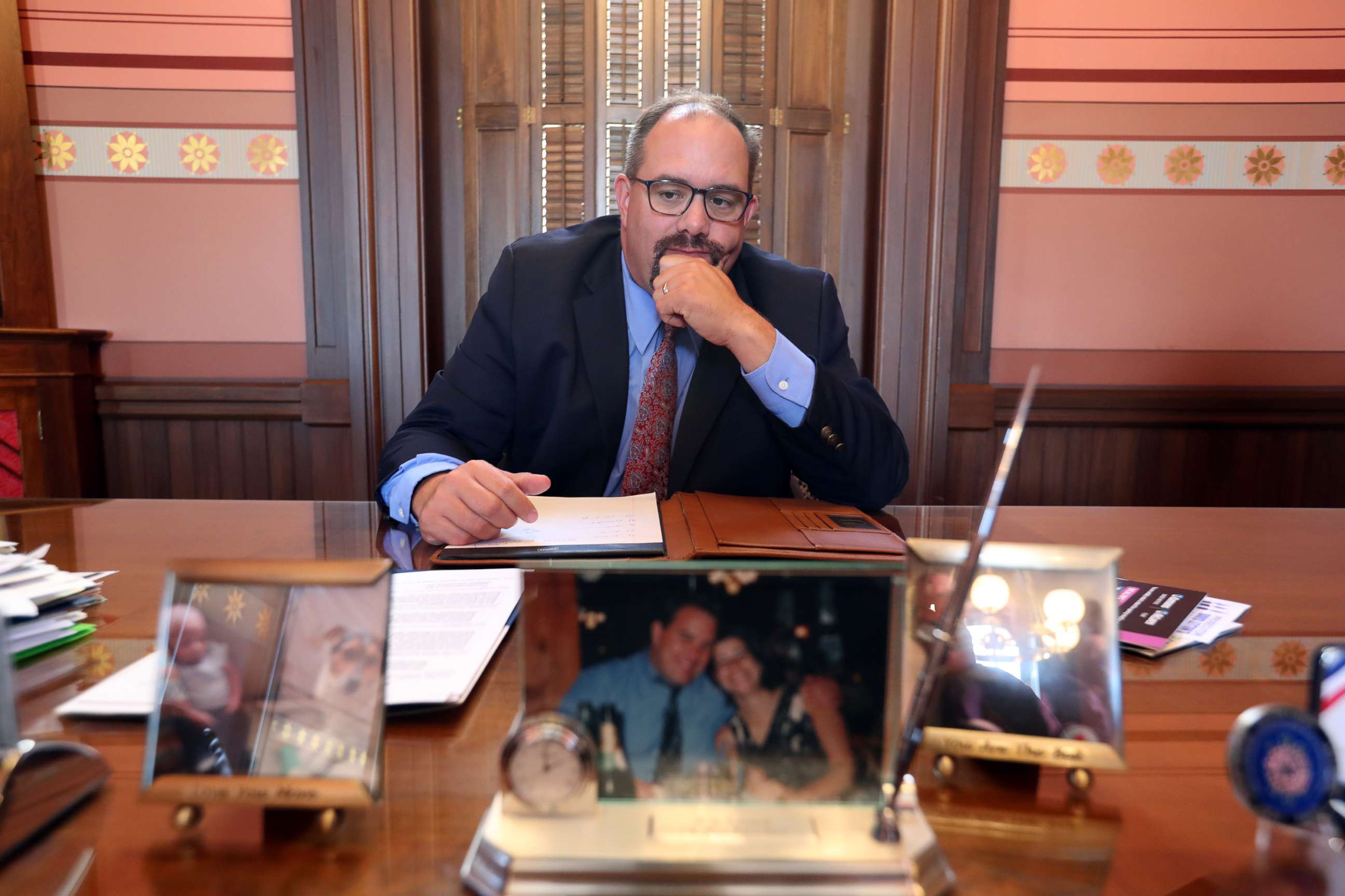 PHOTO: Michigan State Senator, Jim Ananich, Minority Leader, in his office in the the Michigan state capital, Aug. 27, 2019, in Lansing, Mich.