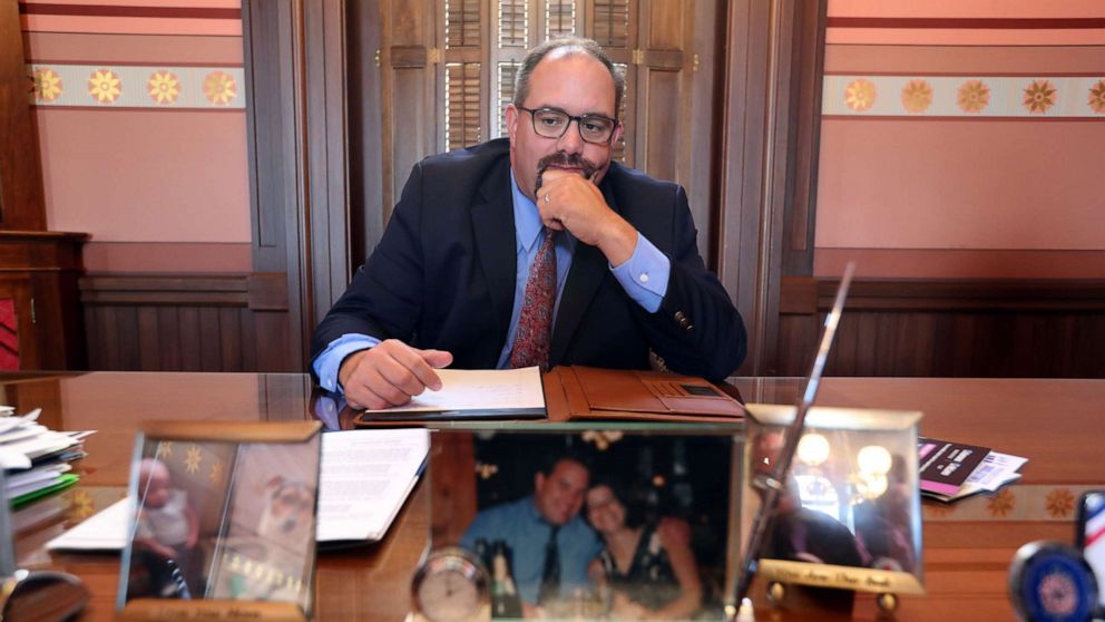 PHOTO: Michigan State Senator, Jim Ananich, Minority Leader, in his office in the the Michigan state capital, Aug. 27, 2019, in Lansing, Mich.