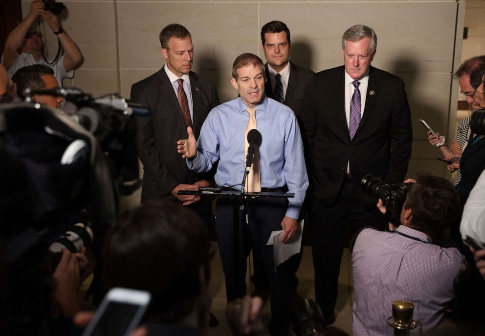 PHOTO: Rep. Jim Jordan ranking member of the House Oversight Committee, speaks with fellow Republican members of the House at the Capitol on October 08, 2019, in Washington, D.C.