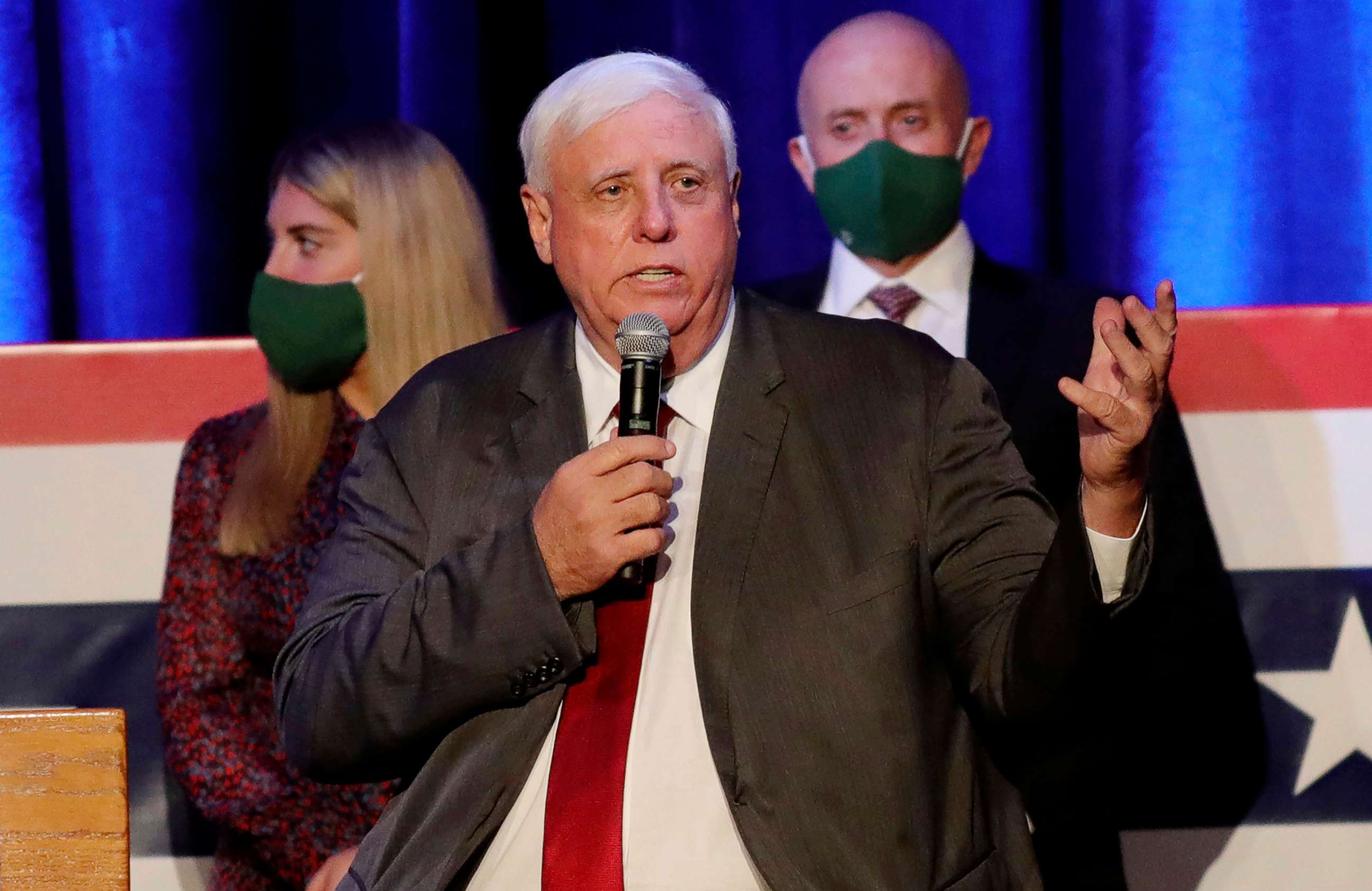 PHOTO: West Virginia Gov. Jim Justice celebrates his reelection at The Greenbrier Resort in White Sulphur Springs, W.Va., Nov. 3, 2020.