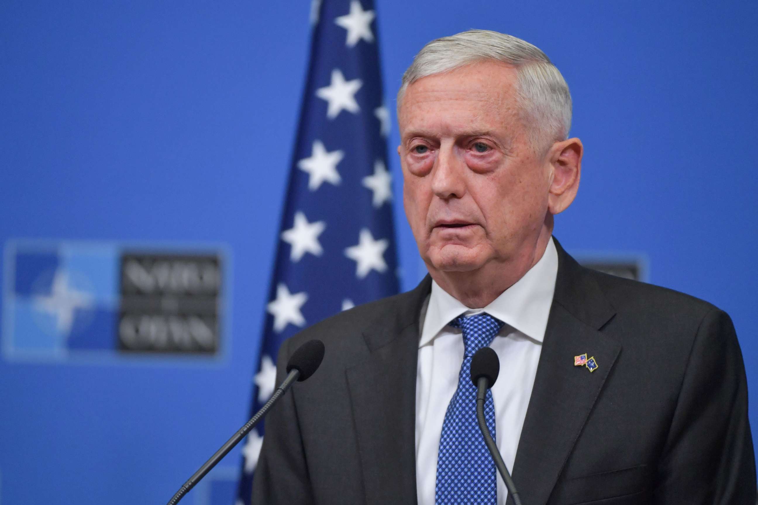 PHOTO: U.S. Defence Secretary Jim Mattis addresses a press conference at the end of a NATO defense ministerial meeting at NATO headquarters in Brussels on Oct. 4, 2018.