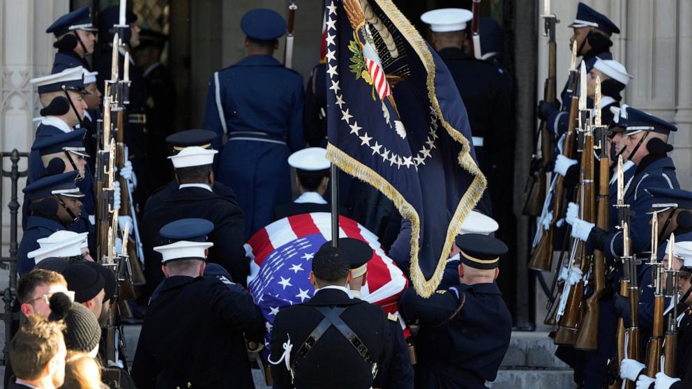 PHOTO: The flag-draped casket of former President Jimmy Carter arrives at Washington National Cathedral in Washington, Jan. 9, 2025, for a State Funeral. 