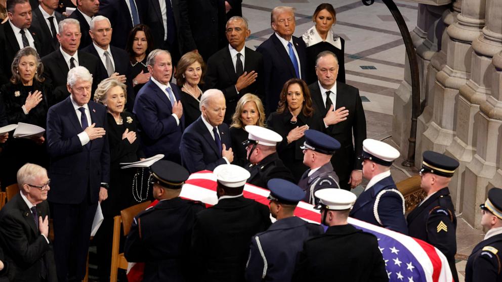 PHOTO: The remains of former US President Jimmy Carter are carried by an honor guard on departure from the Washington National Cathedral in Washington, after a State Funeral Service, Jan. 9, 2025.