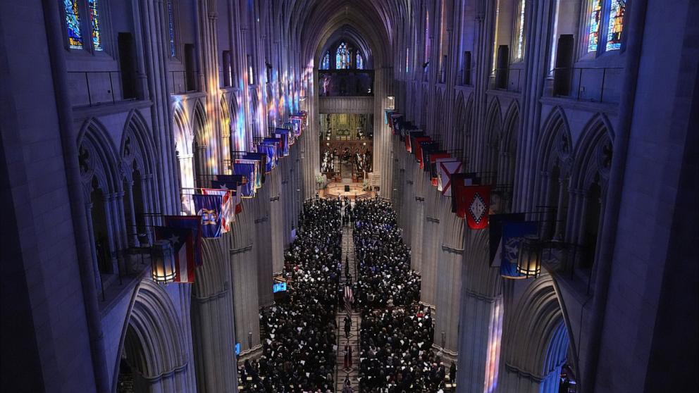 PHOTO: A joint services body bearer team carries the casket of former President Jimmy Carter after a state funeral service at Washington National Cathedral in Washington, Jan. 9, 2025. 