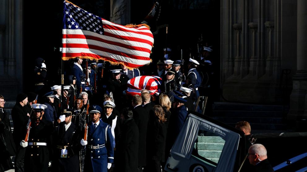 PHOTO: The flag-draped casket of former U.S. President Jimmy Carter is carried by a joint services military honor guard as it leaves the Washington National Cathedral in Washington, January 9, 2025. 