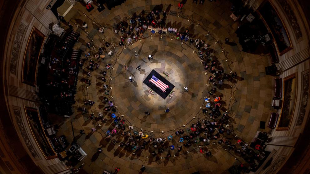 PHOTO: Members of the public begin to be invited into the U.S. Capitol Rotunda to view the flag-draped casket of former U.S. President Jimmy Carter, Jan. 7, 2025, in Washington.