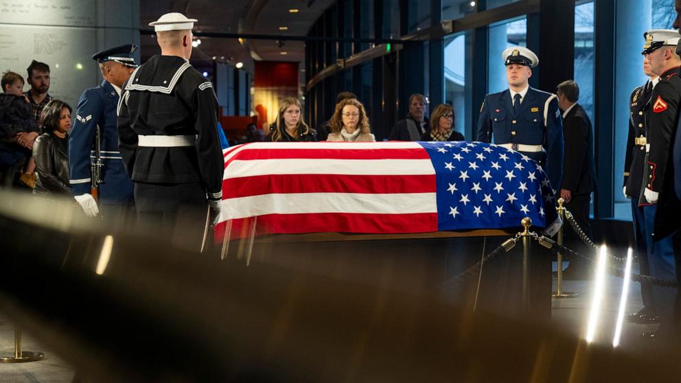 PHOTO: Mourners view the casket of former President Jimmy Carter as he lies in repose at the Jimmy Carter Presidential Library and Museum in Atlanta, Jan. 5, 2025. 