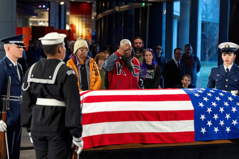 PHOTO: Mourners view the casket of former U.S. President Jimmy Carter as he lies in repose at the Jimmy Carter Presidential Library and Museum in Atlanta, Jan. 5, 2025.