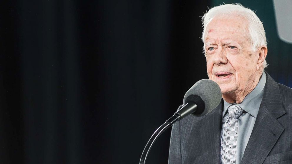 PHOTO: Former President Jimmy Carter speaks at the 45th Liberty University commencement at Williams Stadium, May 19, 2018, in Lynchburg, Va.