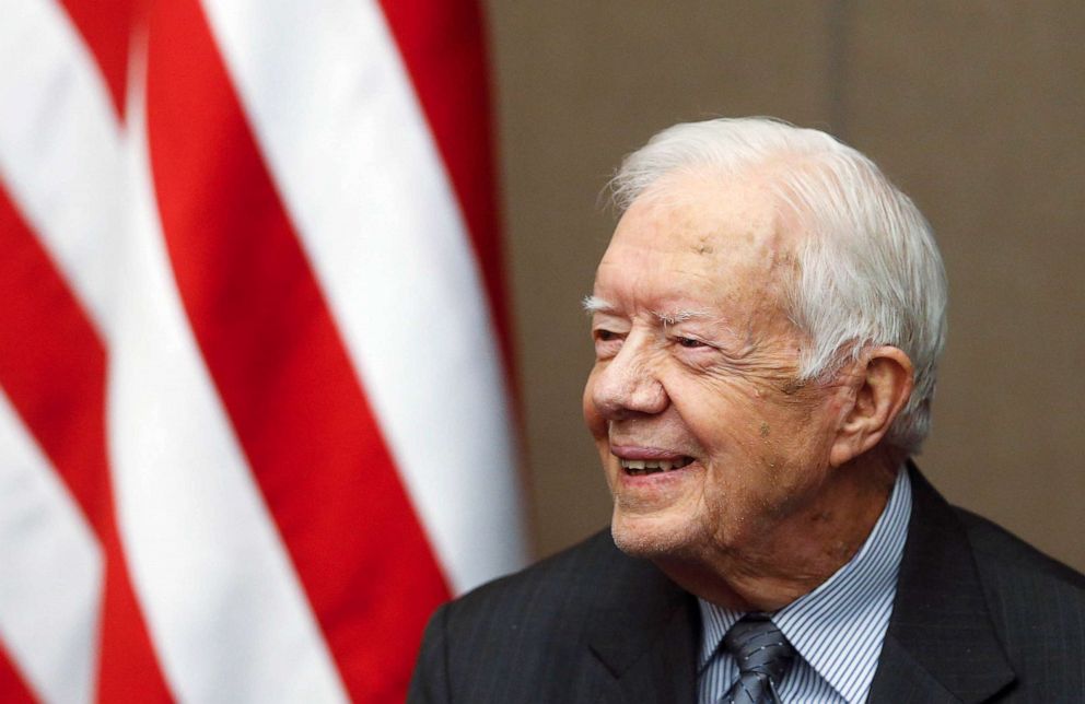 PHOTO: FILE - Former President Jimmy Carter smiles as he is awarded the Order of Manuel Amador Guerrero by Panamanian President Juan Carlos Varela during a ceremony at the Carter Center, Jan. 14, 2016, in Atlanta.