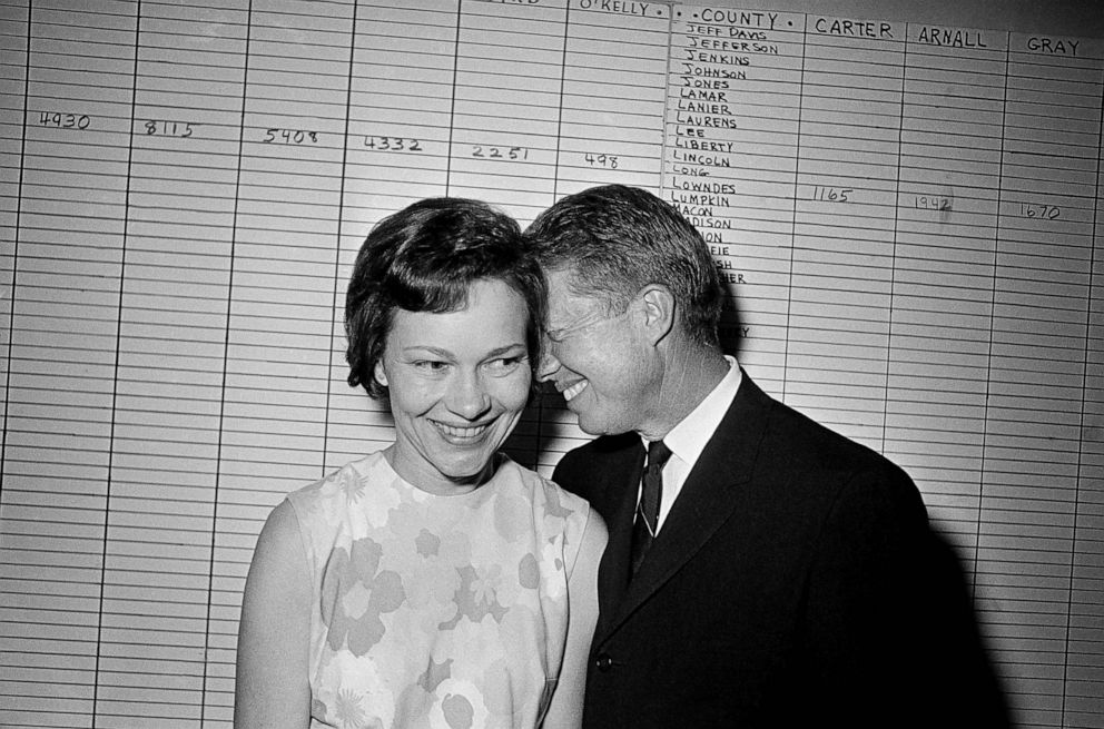 PHOTO: Georgia State Sen. Jimmy Carter hugs his wife, Rosalynn, at his Atlanta campaign headquarters September 15, 1966.