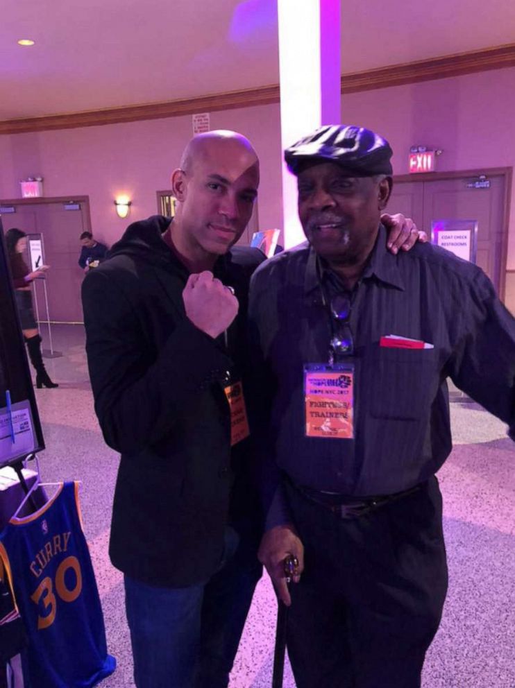 PHOTO: Boxing trainer and co-owner of "Jimmy's Corner" in Times Square Jimmy Glenn with his son Adam Glenn. Jimmy Glenn, 89, died from the coronavirus on May 7.