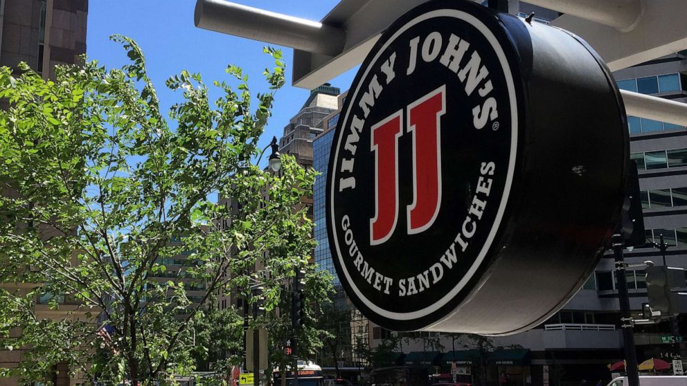 PHOTO: A logo of Jimmy John's hangs outside one of their shops in downtown Washington, DC, June 9, 2016.