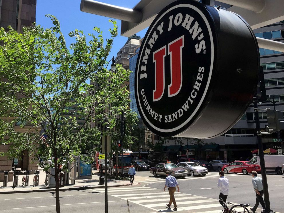 PHOTO: A logo of Jimmy John's hangs outside one of their shops in downtown Washington, DC, June 9, 2016.